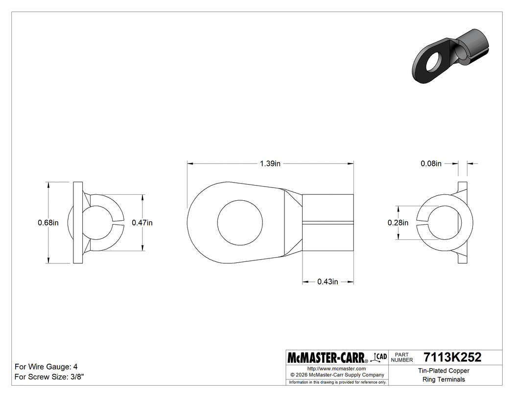 Technical Drawing of Tin-Plated Copper Ring Terminals, Noninsulated, for 4 Wire Gauge and 3/8" Screw Size.